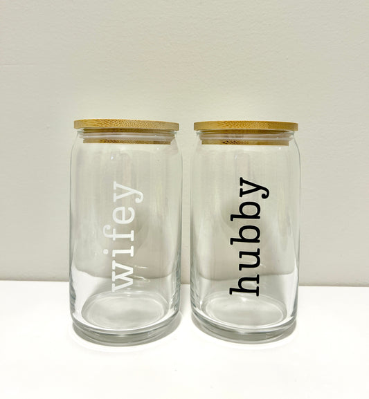 Hubby & Wifey Glass Can Set 16oz